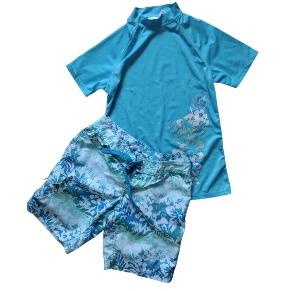Kanu Surf Swimwear Women XS Blue Green Floral Tropical Rash‎ Guard And Shorts